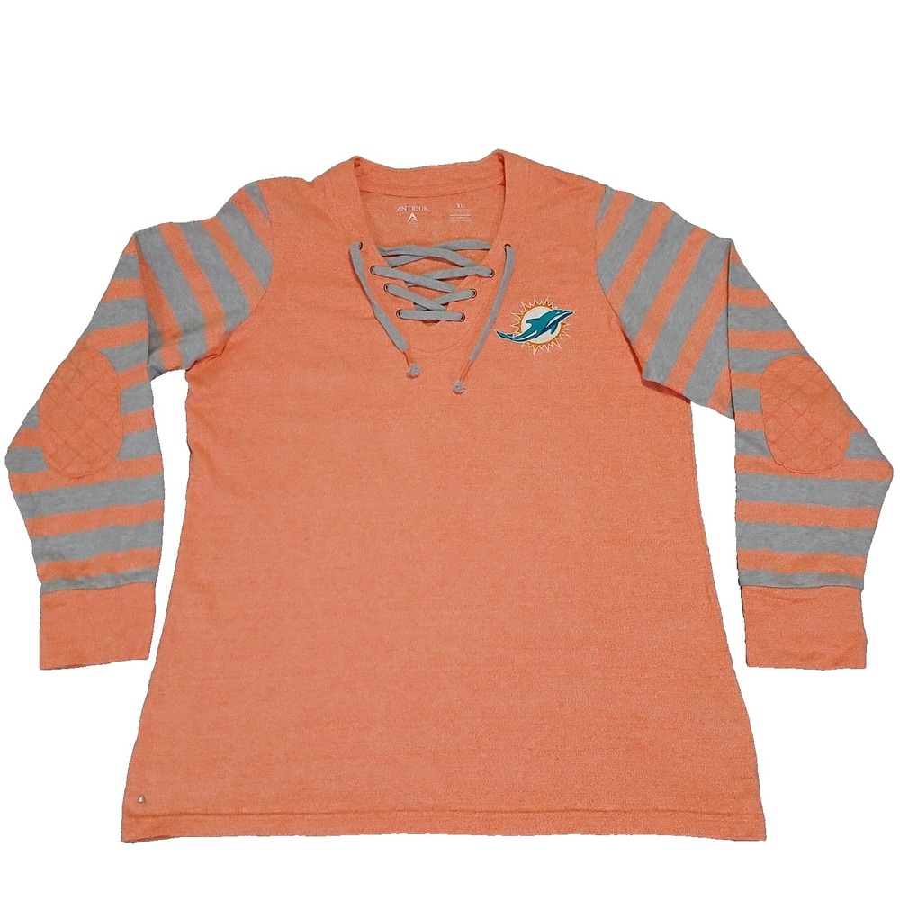 MIAMI DOLPHINS NFL WOMENS ANTIGUA ORANGE LACE‎ UP LONG SLEEVE SHIRT PULLOVER XL